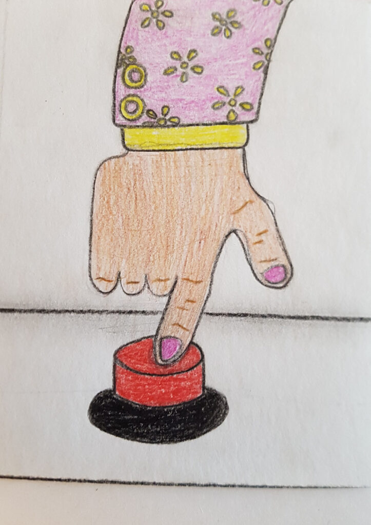 En teckning föreställande en hand som trycker på en röd knapp.