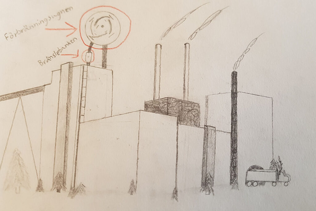 Teckning av en stor fabrik med många långa skorstenar.